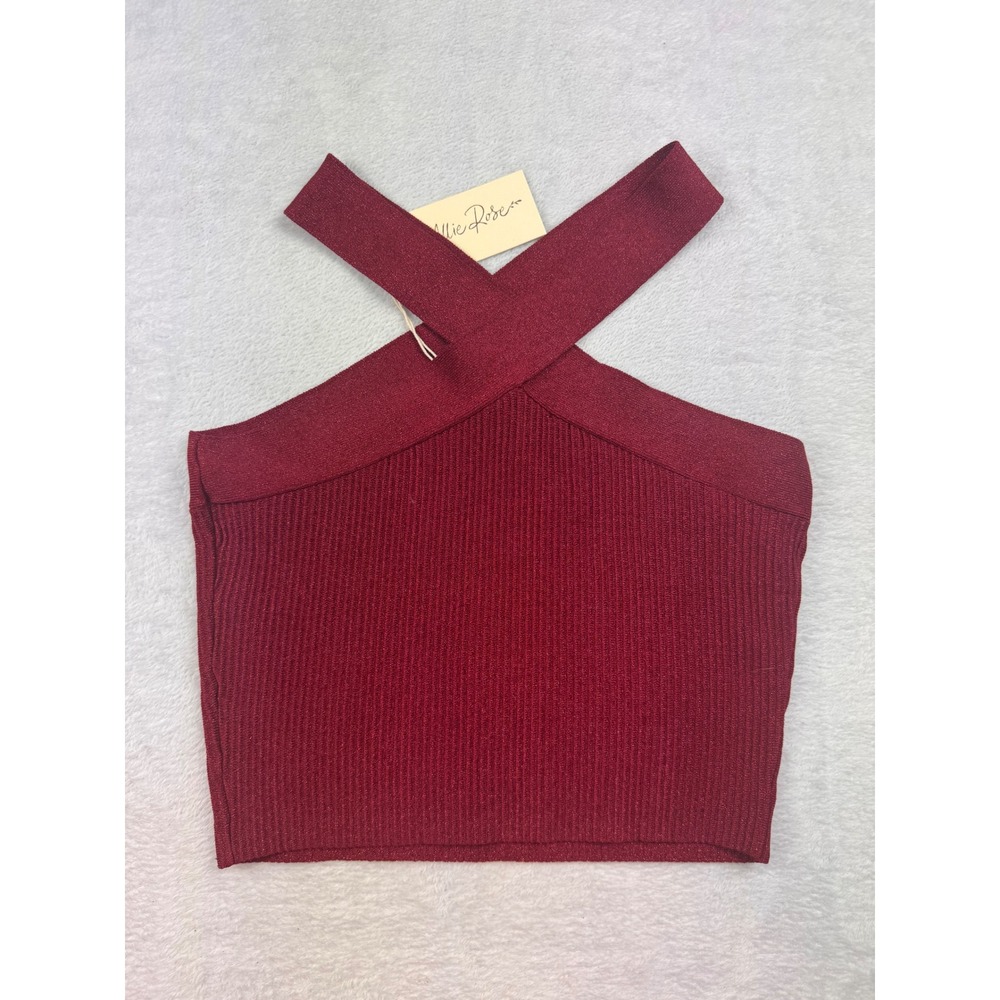Allie Rose Wine Twist Ribbed Criss Cross Halter Neck Crop Top Large NWT
